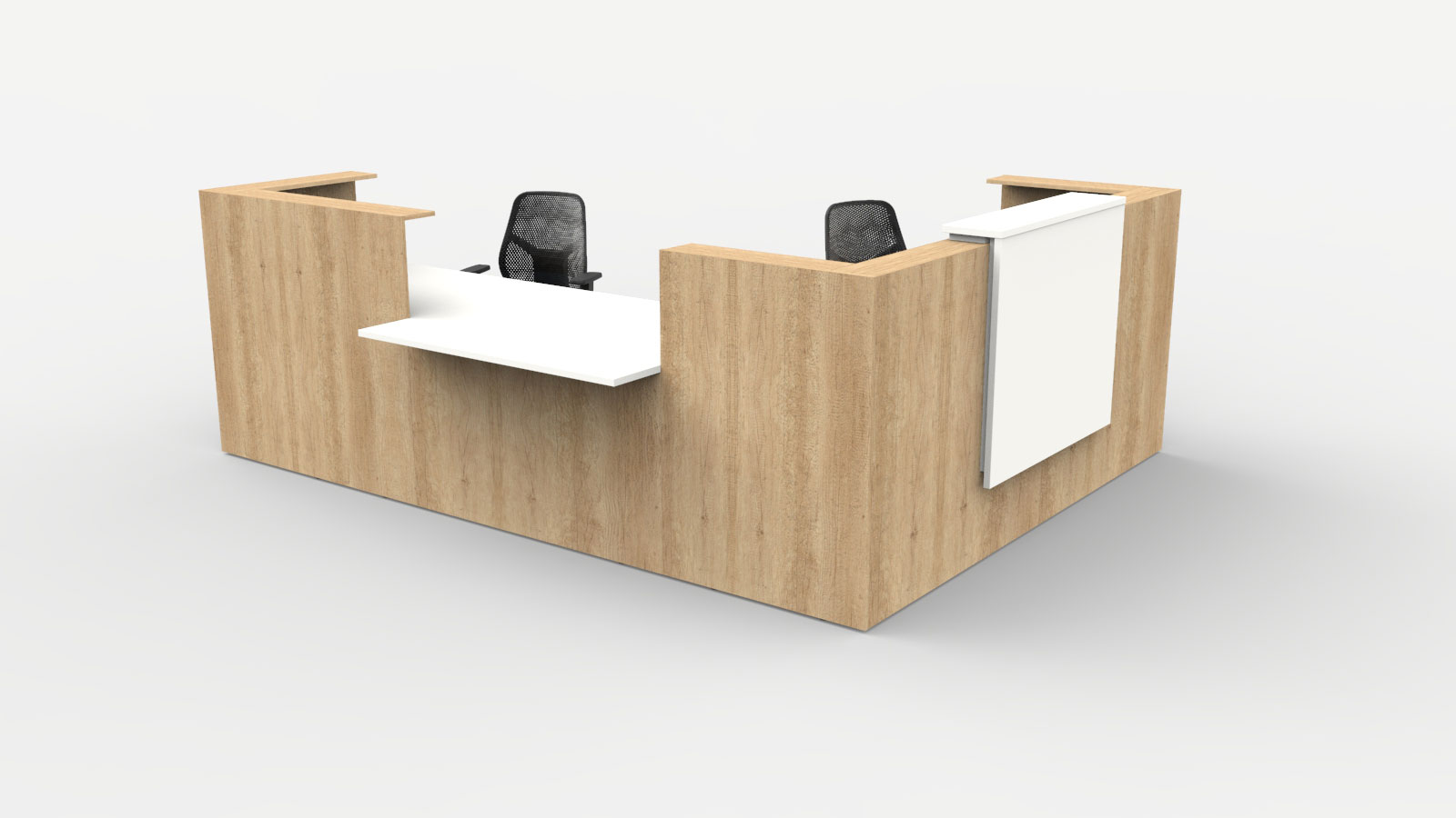 Qube Reception Desk - L Shape - Left Hand - Front Central Disabled Access - 3200w - 2800d - Natural Nebraska Oak Carcass - White Desktop